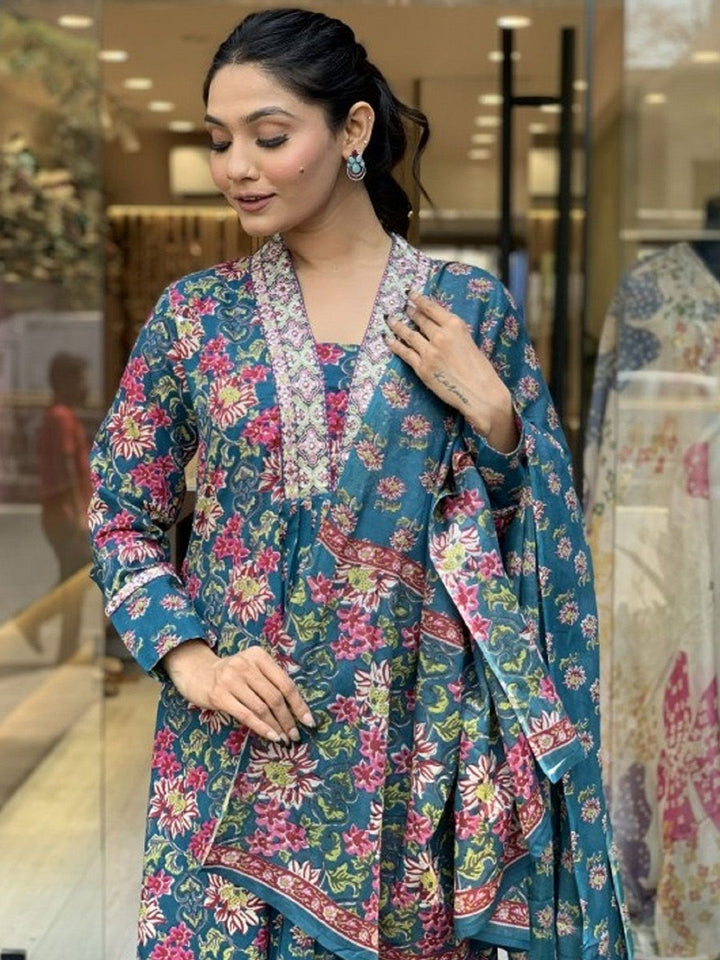 KALINI Floral Printed V-Neck Thread Work A-Line Kurta With Trousers & Dupatta