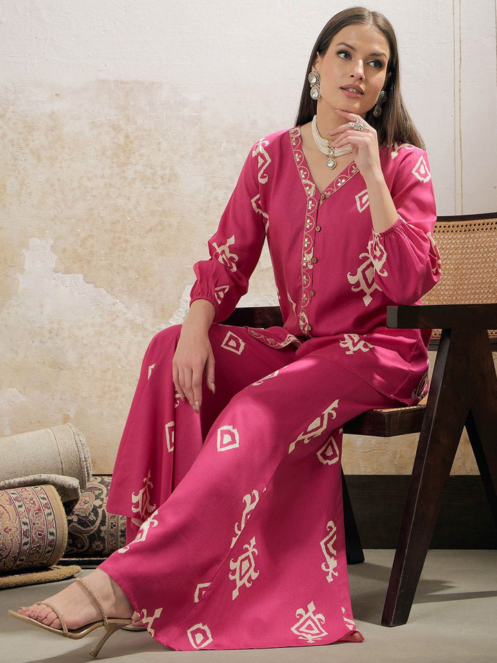 Shae oleh sassafras motif etnik dicetak kemeja kerja Patti dengan palazzos