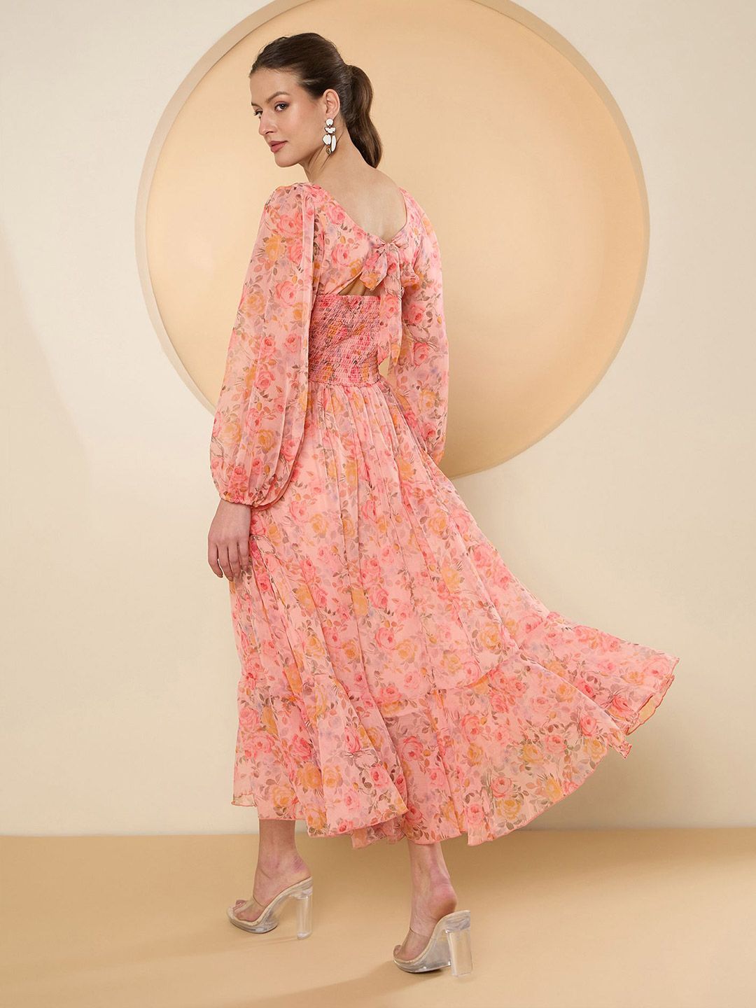 Antheaa Floral Print Bell Sleeve Chiffon Fit & Flare Midi Dress