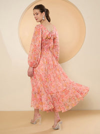 Antheaa Floral Print Bell Sleeve Chiffon Fit & Flare Midi Dress