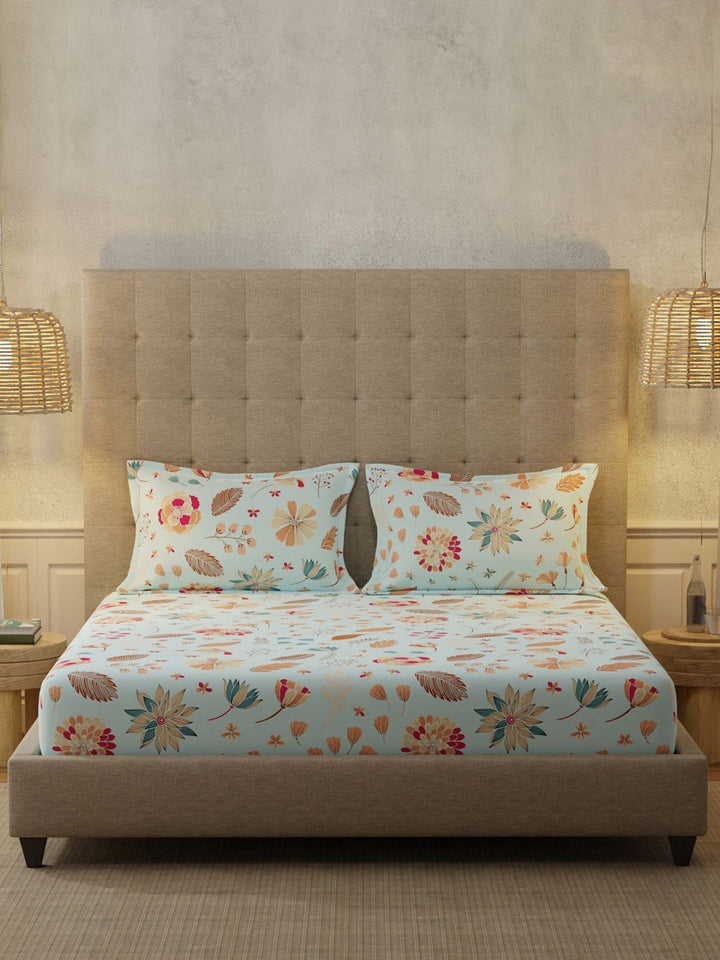 URBAN SPACE Florence Sky Blue 200 TC Floral Queen Bedsheet