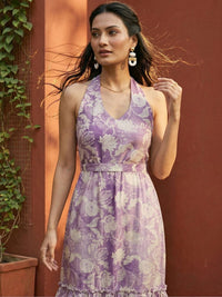 Mamicha Floral Printed Halter Neck Ruffled Crepe Fit And Flare Midi Dress