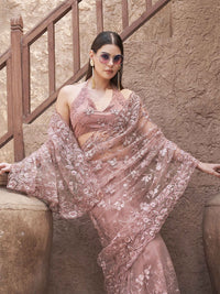 Tikhi Imli Floral Embroidered Net Saree With Scalloped Border