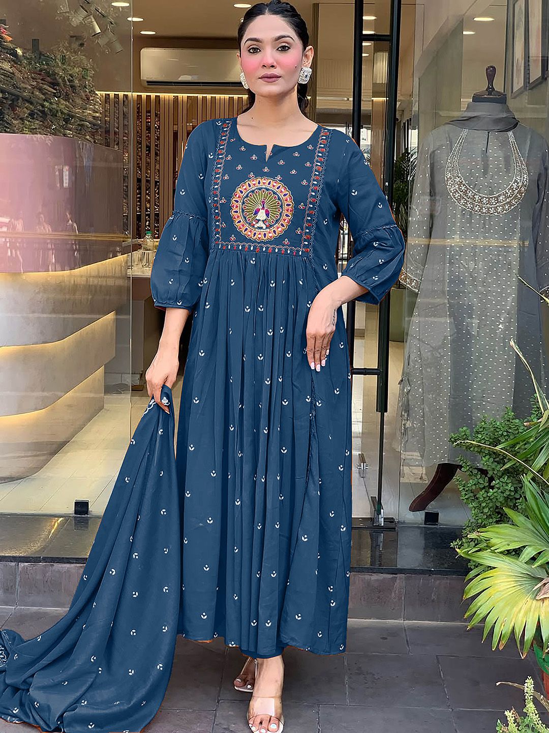 KALINI Floral Embroidered Pleated Mirror Work Anarkali Kurta With Trousers & Dupatta