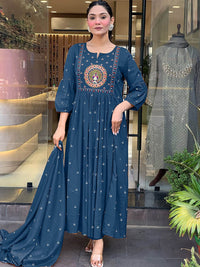 KALINI Floral Embroidered Pleated Mirror Work Anarkali Kurta With Trousers & Dupatta