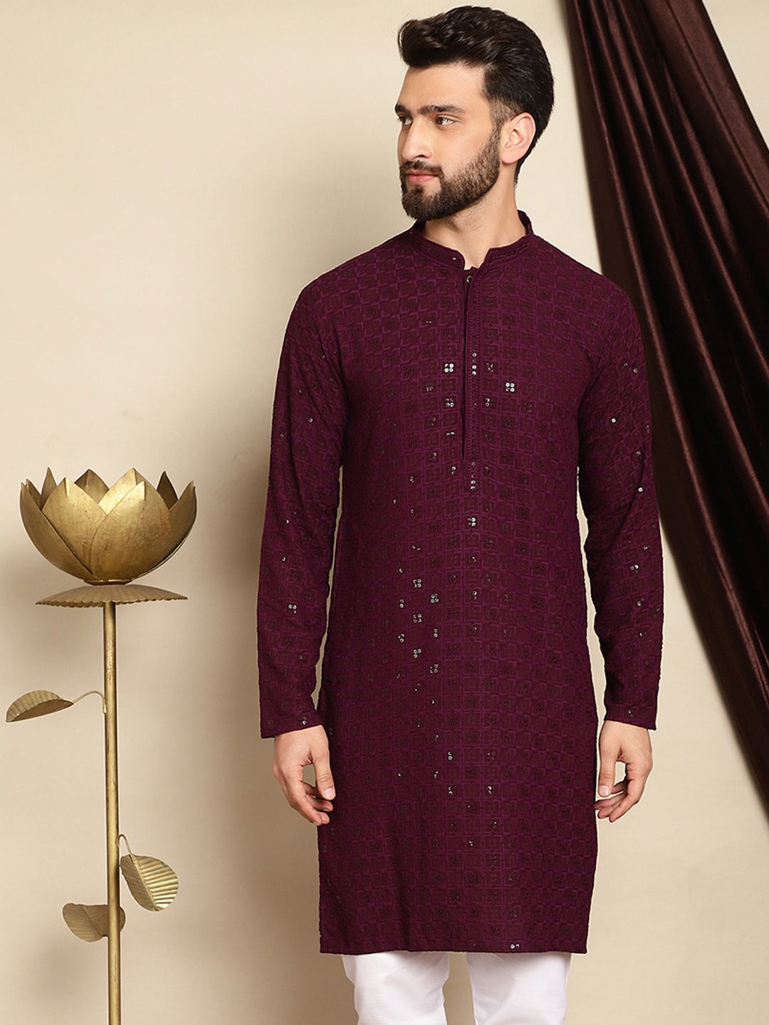 Anouk Burgundy Ethnic Motifs Embroidered Pure Cotton Sequined Straight Kurta