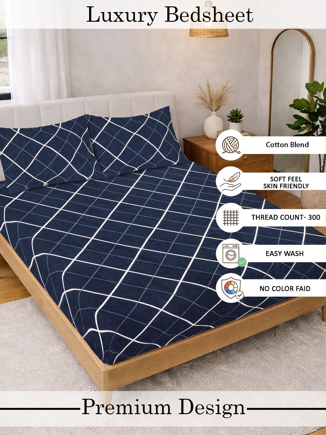 KLOTTHE Blue Geometric 300 TC King Bedsheet with 2 Pillow Covers