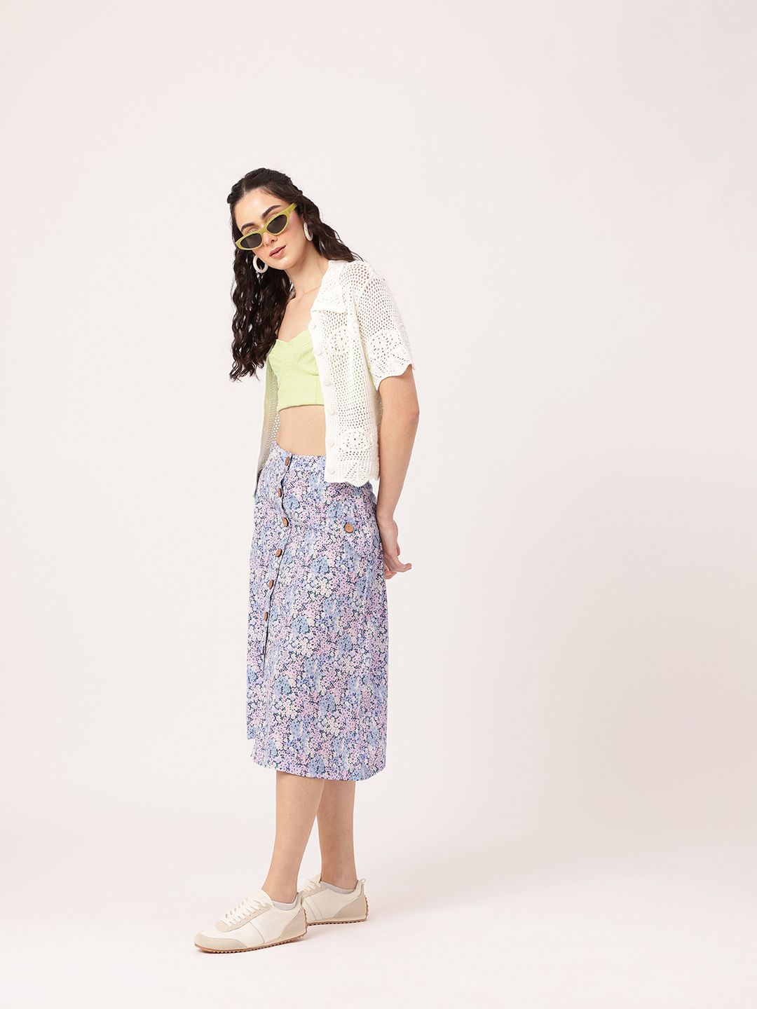 DressBerry Women Holiday Elegant Bloom Floral Print A-Line Midi Skirt
