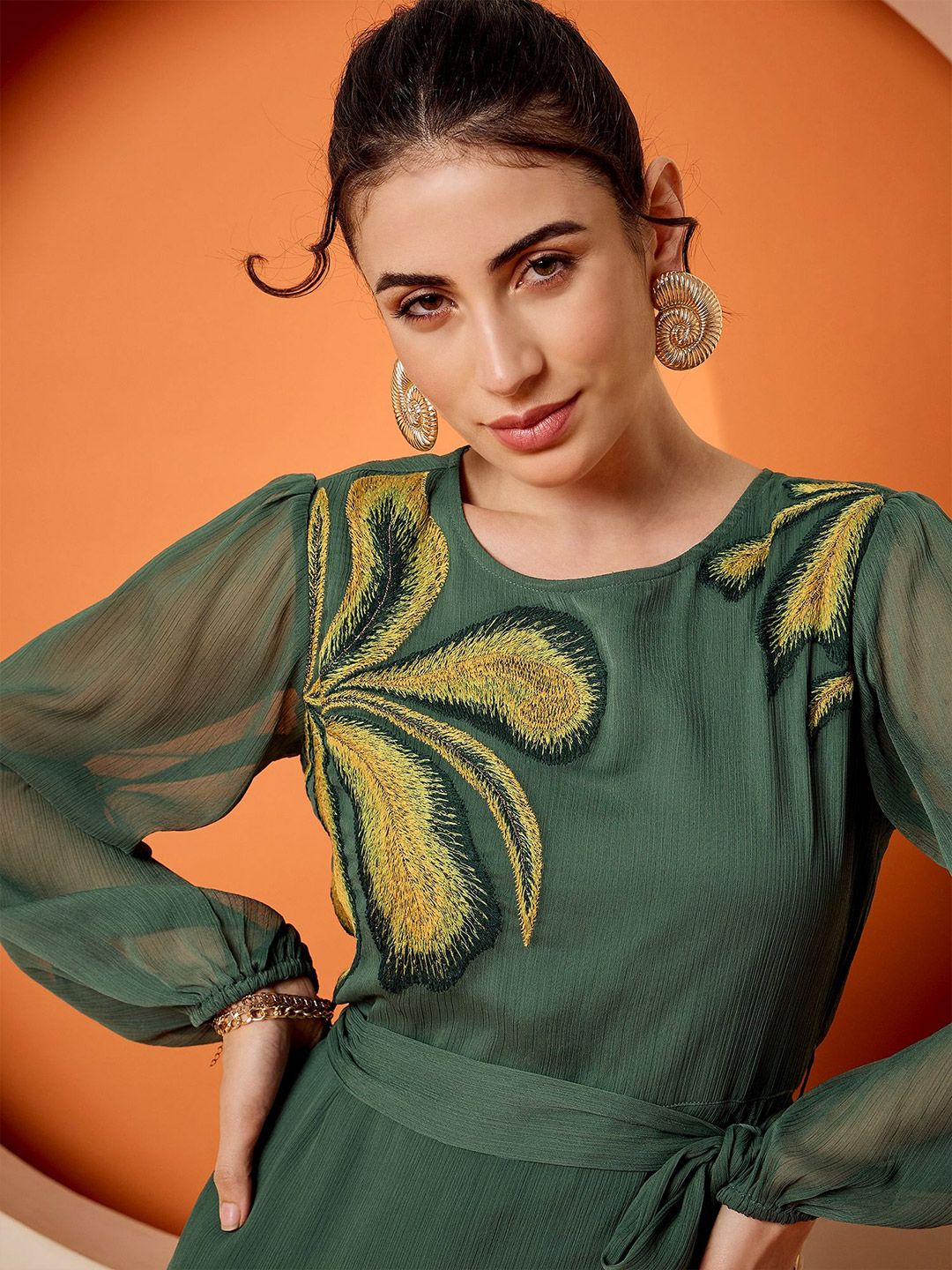 Antheaa Puff Sleeve Chiffon Embroidered A-Line Midi Dress