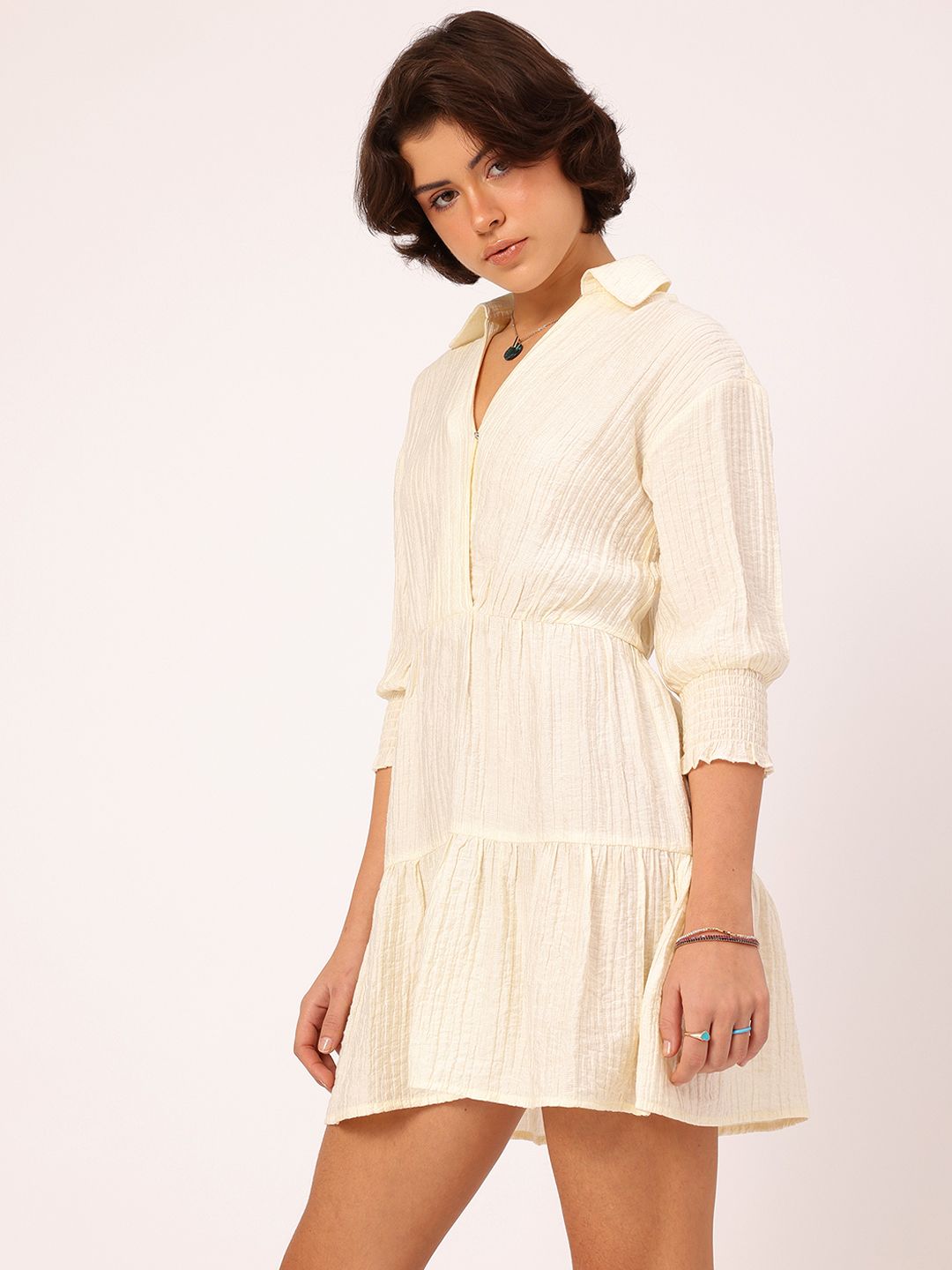 DressBerry Adorable Allure Crinkled Textured Tiered Mini Shirt Style Dress