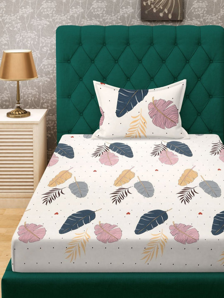 Myntra Elegant Homes Cream Leaf Polycotton 300 TC Single Cadar Halus dengan Sarung Bantal-225 x 150 cm