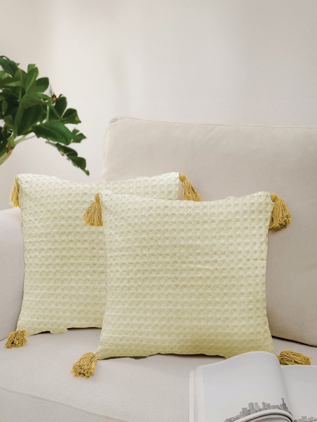 URBAN SPACE Beige 2 Pieces Checked Pure Cotton Square Cushion Covers