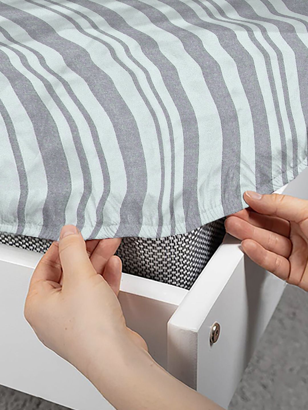 Aura Grey & Off White Striped 300 TC Fitted King Bedsheet Set 2.5 x 2.25 m
