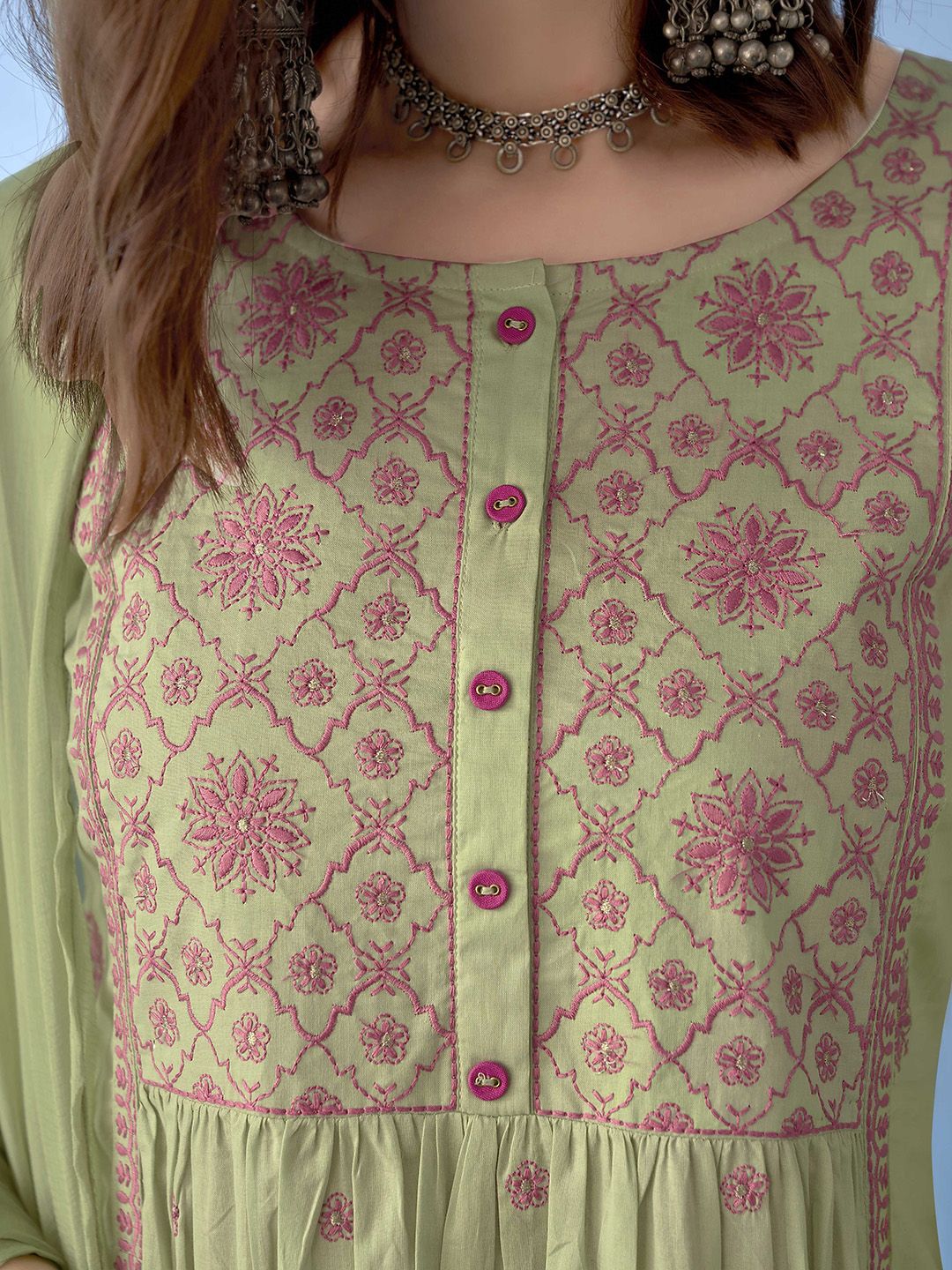 Anouk Floral Embroidered Thread Work Pure Cotton Anarkali Kurta With Trousers & Dupatta