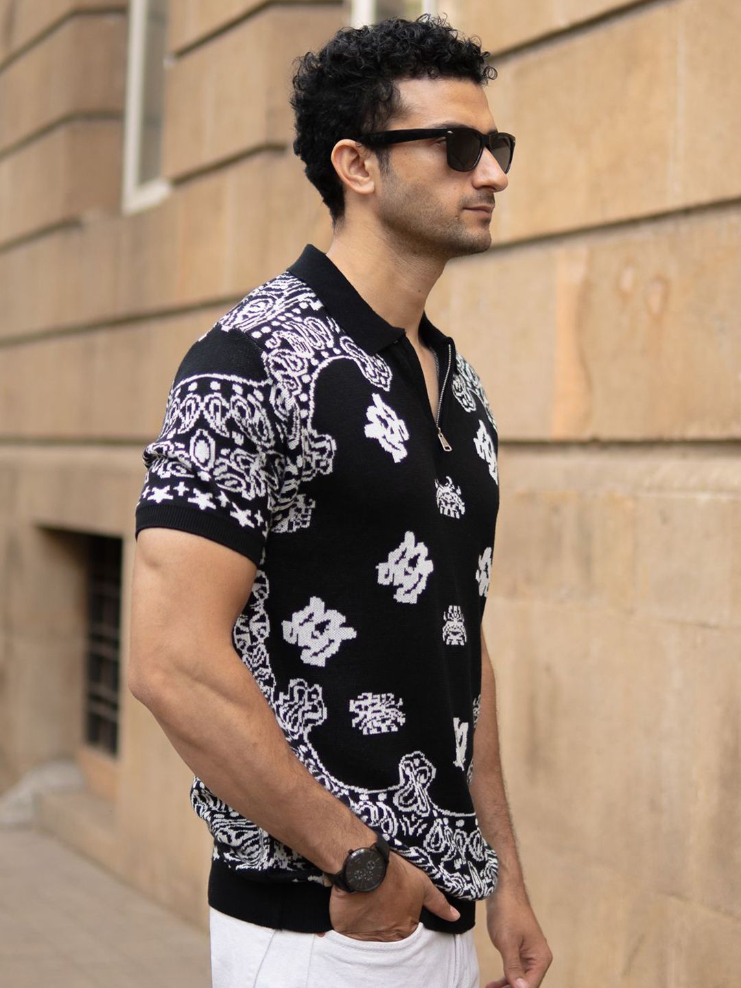 Powerlook SS25 Paisley Printed Bandana Knitted Polo Collar Pure Cotton T-Shirt