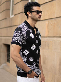 Powerlook SS25 Paisley Printed Bandana Knitted Polo Collar Pure Cotton T-Shirt