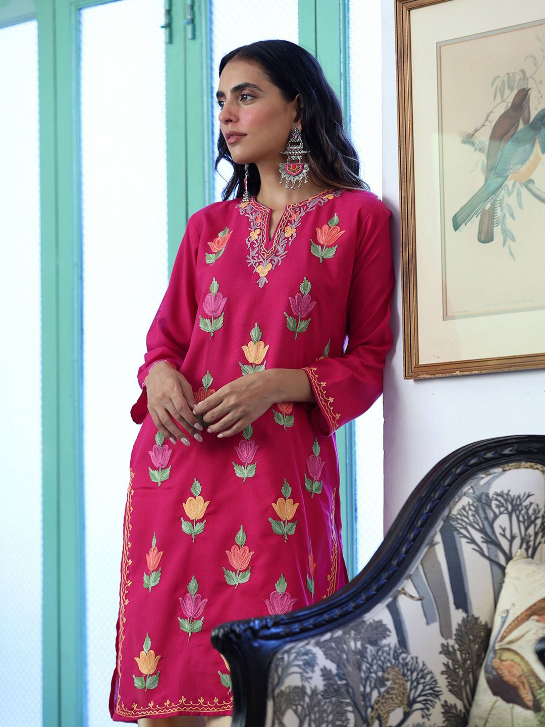 House of Chikankari Women Pink Cotton Aari Sulam Kurta