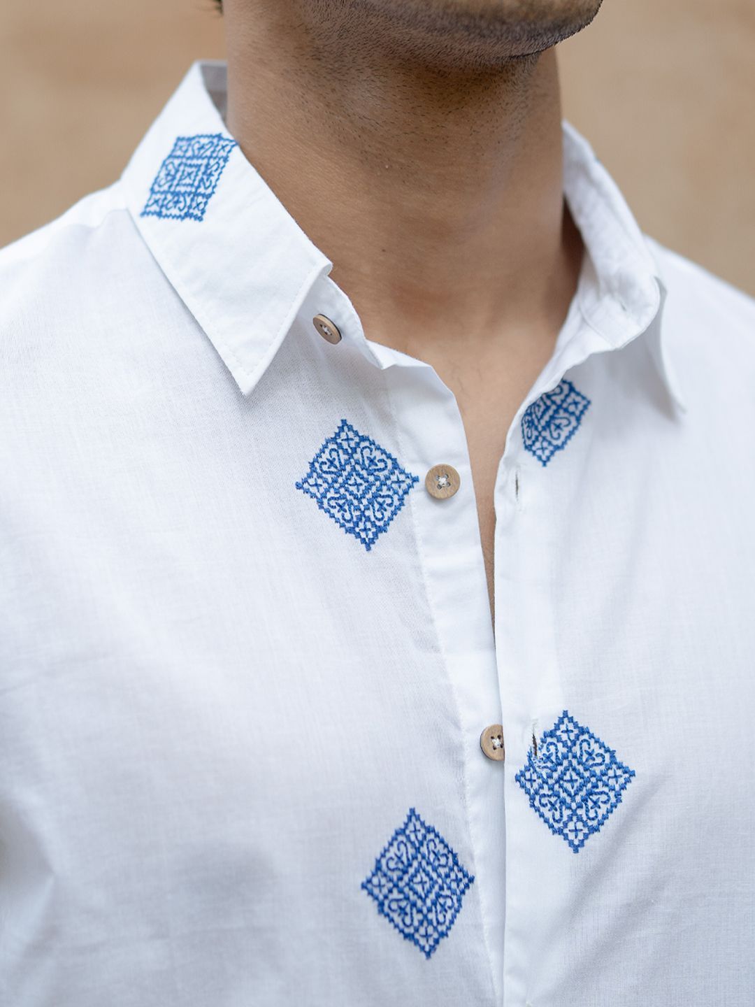 Powerlook SS25 Geometric Embroidered Pure Cotton Casual Shirt
