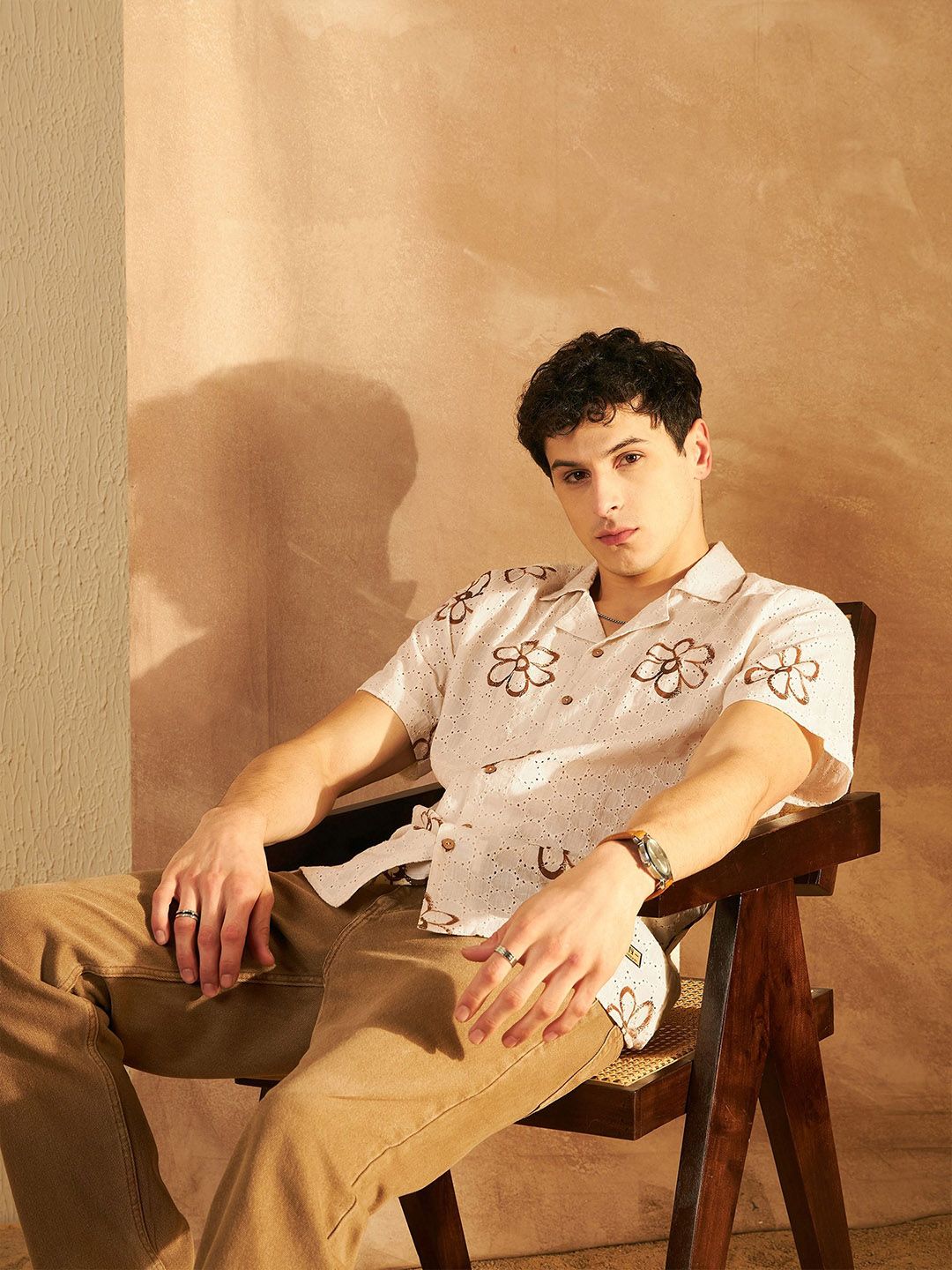 DENNISON Men Schiffli Block Printed Oversized Casual Shirt
