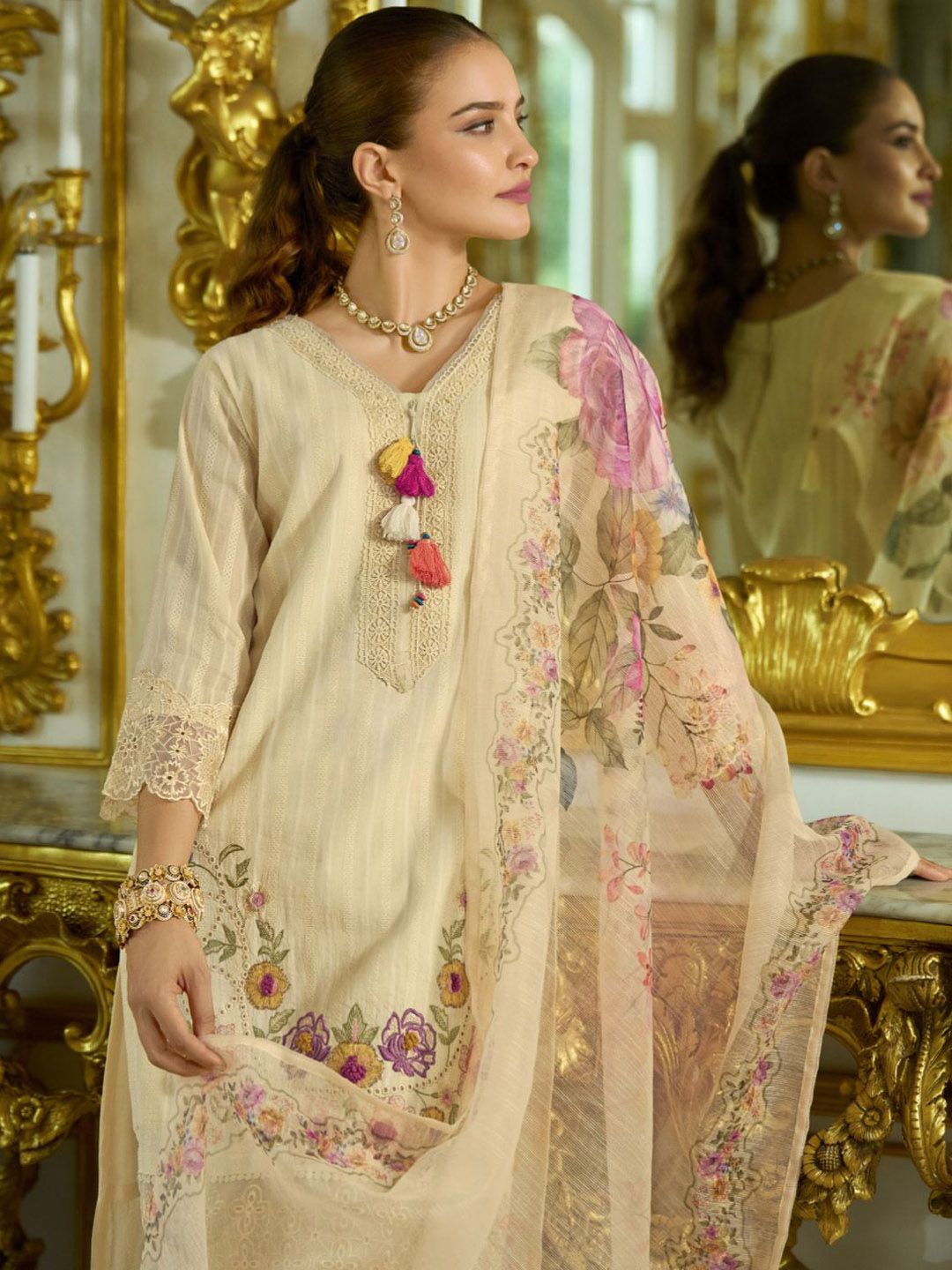 Varanga Nazrana Floral Thread Embroidered Schiffli Orangza Lace Kurta Trouser & Dupatta