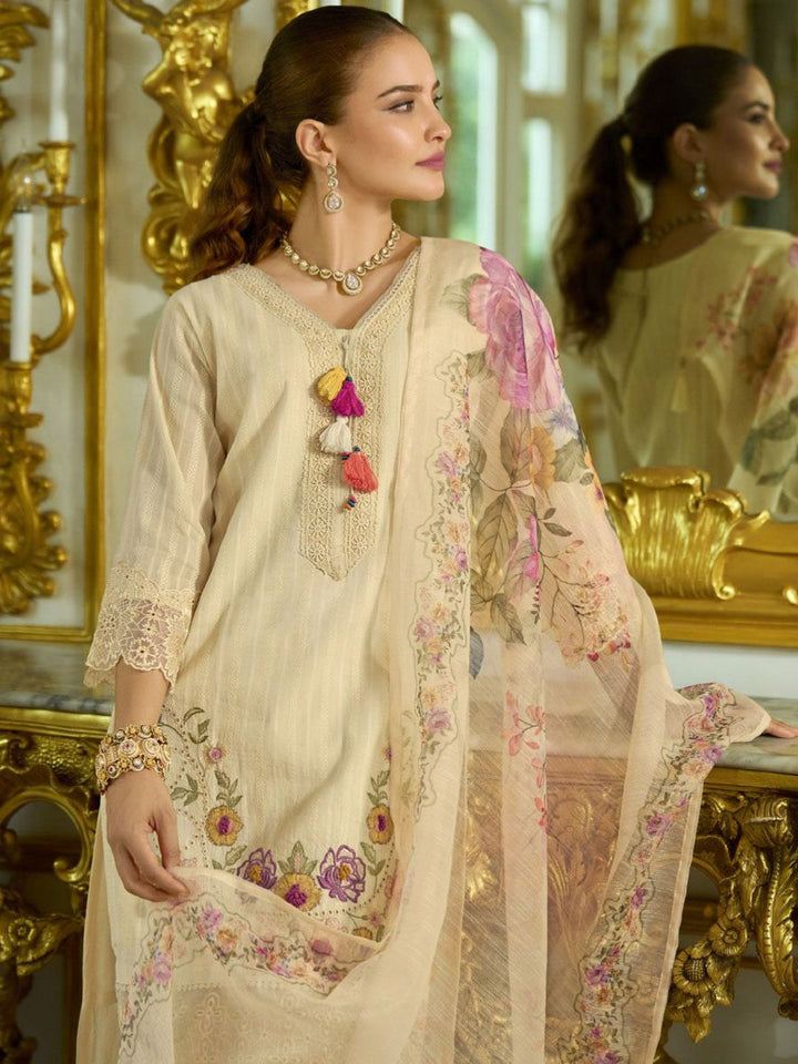 Varanga Nazrana Floral Thread Embroidered Schiffli Orangza Lace Kurta Trouser & Dupatta