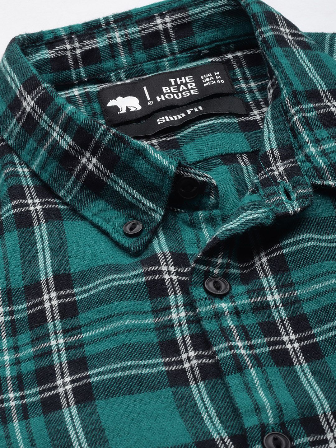 THE BEAR HOUSE Men Green & Black Slim Fit Checked Flannel Cotton Casual Shirt