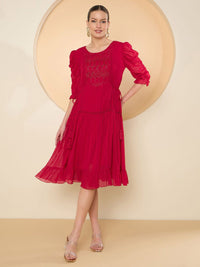 Antheaa Women Puff Sleeve Chiffon Fit & Flare Embellished Dress