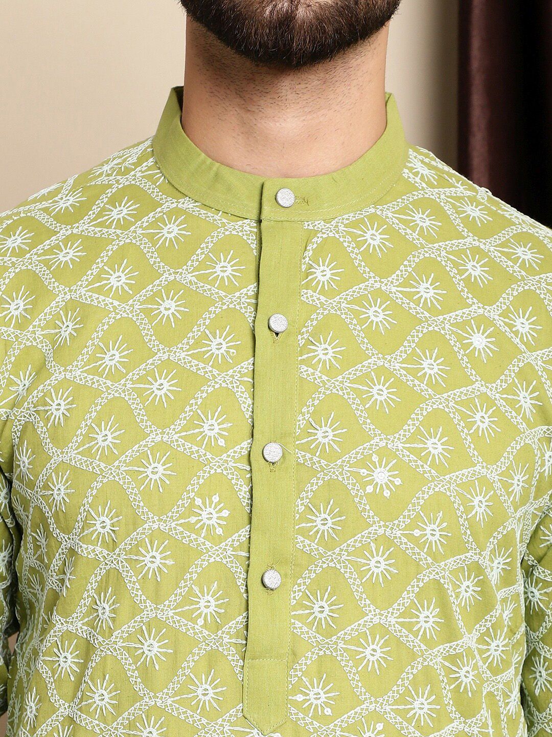Motif Etnik Hijau Anouk Bersulam Benang Berfungsi Kapas Tulen Kurta Lurus Dengan Churidar