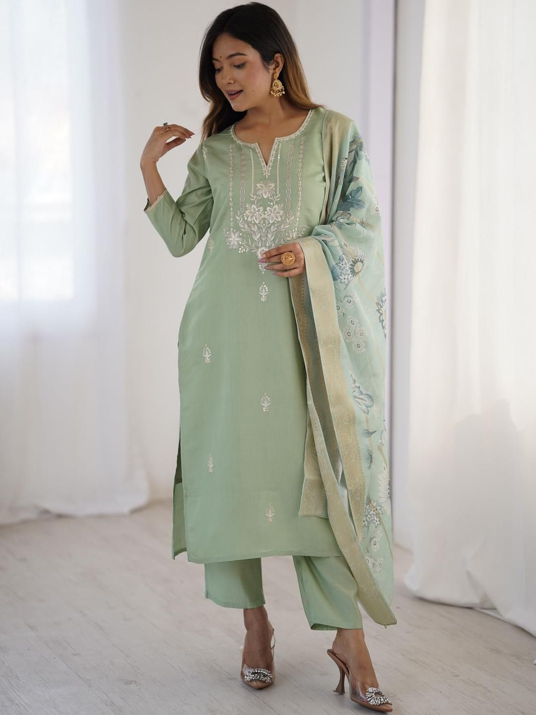 KALINI Women Floral Embroidered Regular Thread Work Kurta with Trousers & With Dupatta
