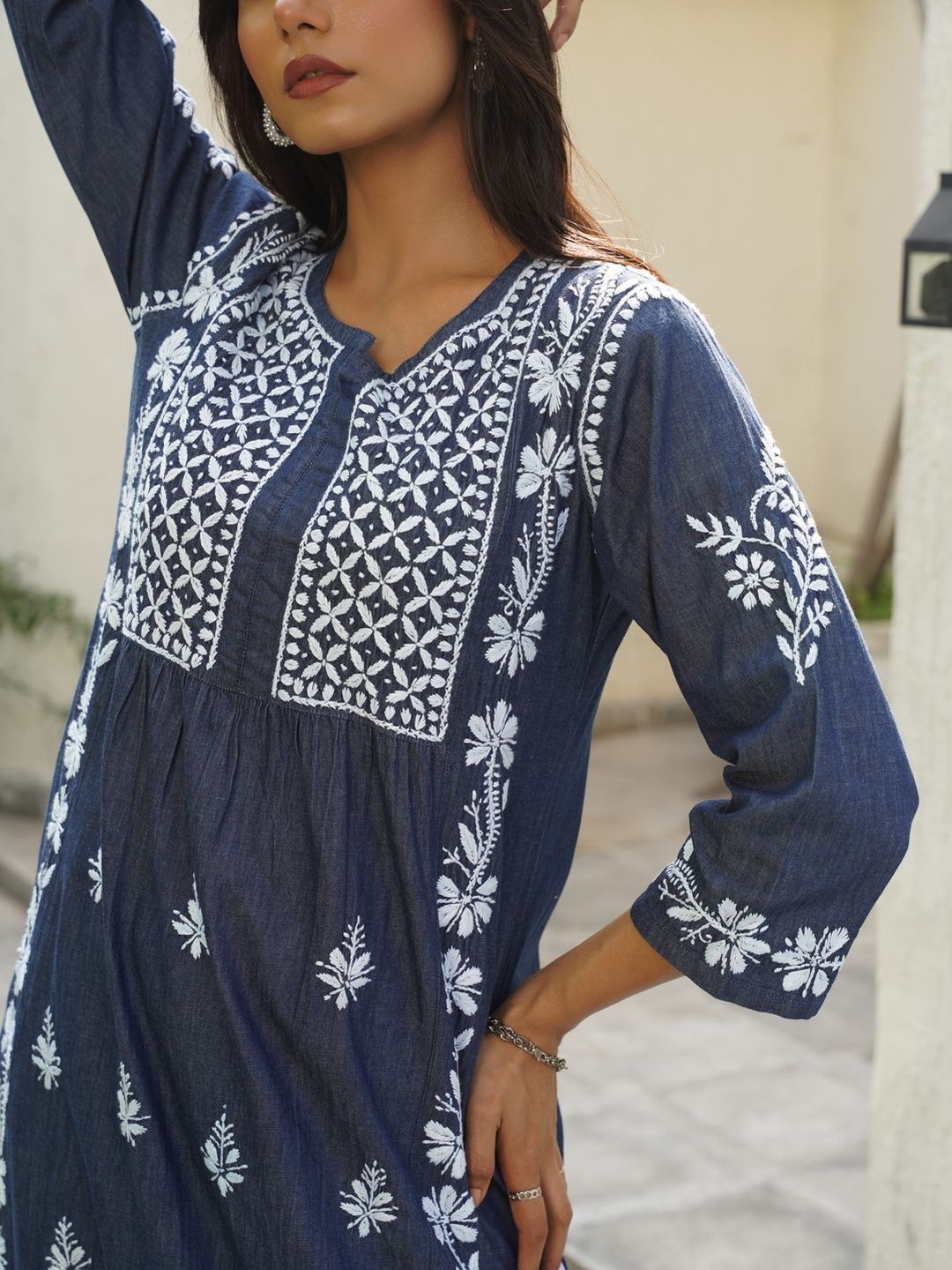 House of Chikankari Women Solid Blue Denim A-Line Kurta