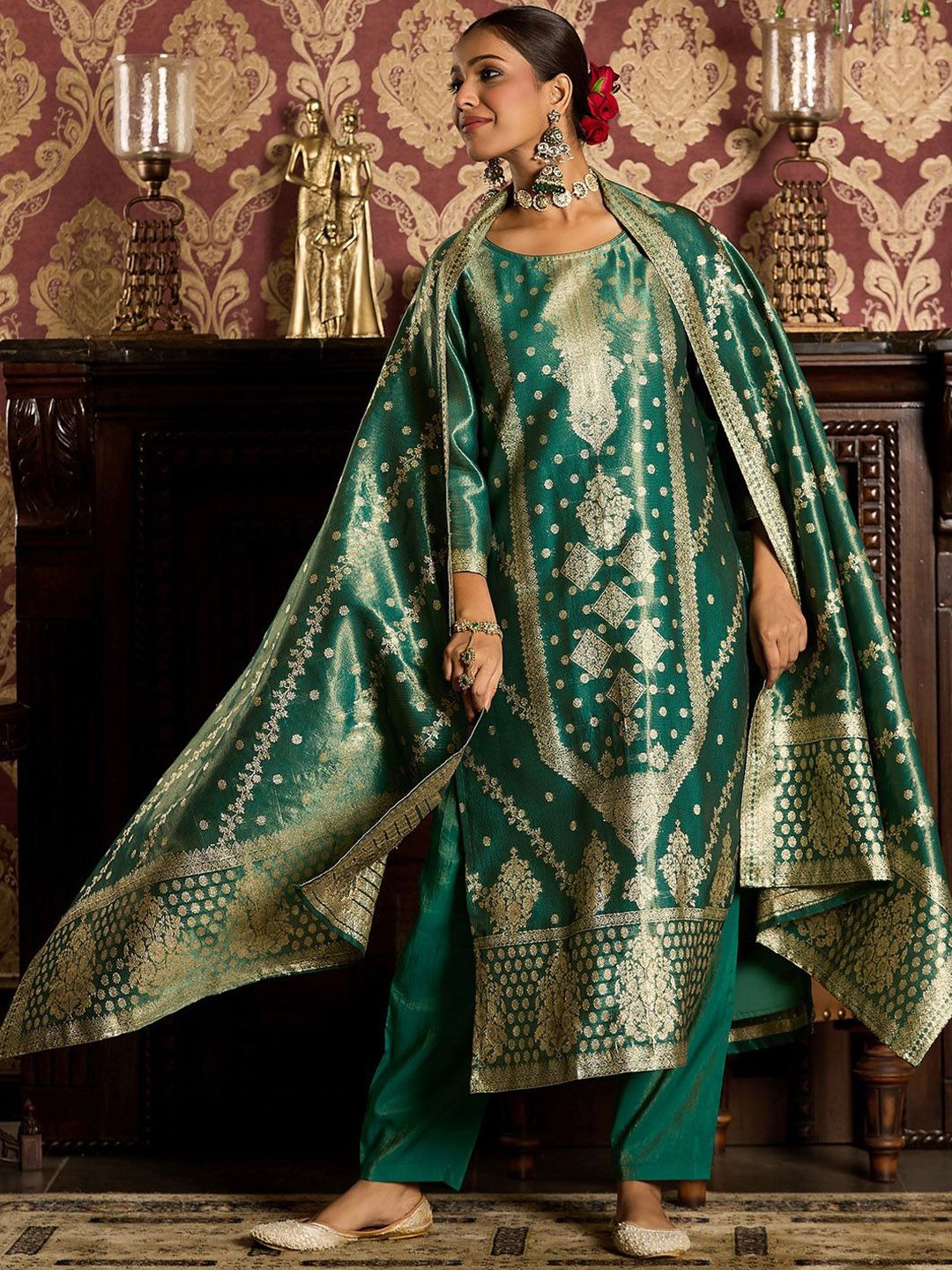 Indo Era Ethnic Motifs Woven Design Zari Straight Kurta With Trousers & Dupatta