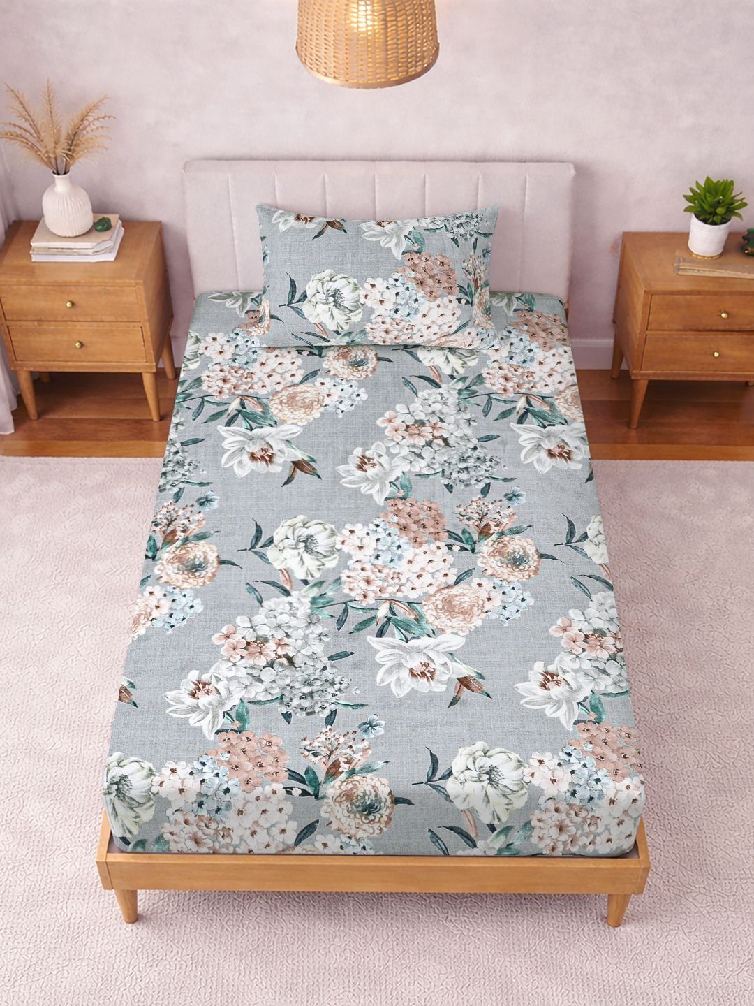 KLOTTHE Grey Floral Printed 300 TC Single Bedsheets