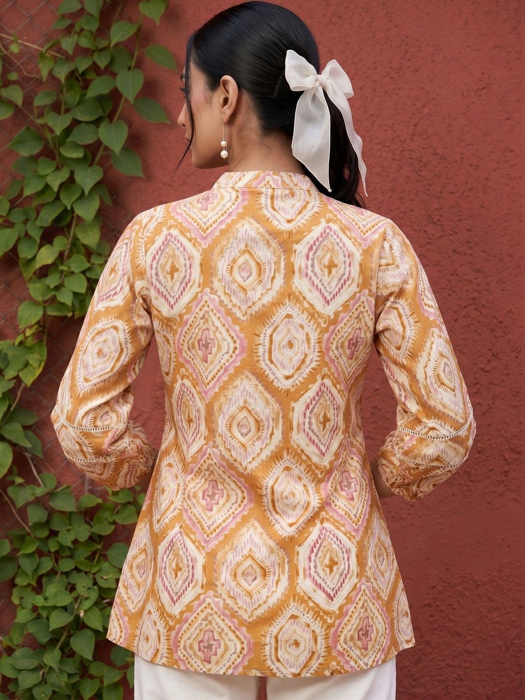 Mamicha Geometric Print Mandarin Collar Bishop Sleeves Cotton Top