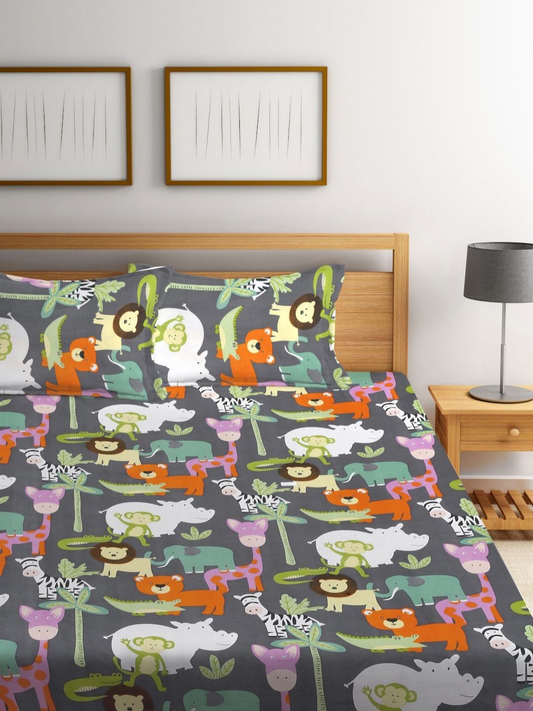 Myntra Elegant Homes Kids Grey & White Printed Set Cadar King 300 TC 2.5 x 2.2 m