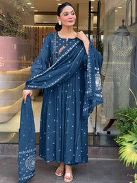 KALINI Floral Embroidered Pleated Mirror Work Anarkali Kurta With Trousers & Dupatta