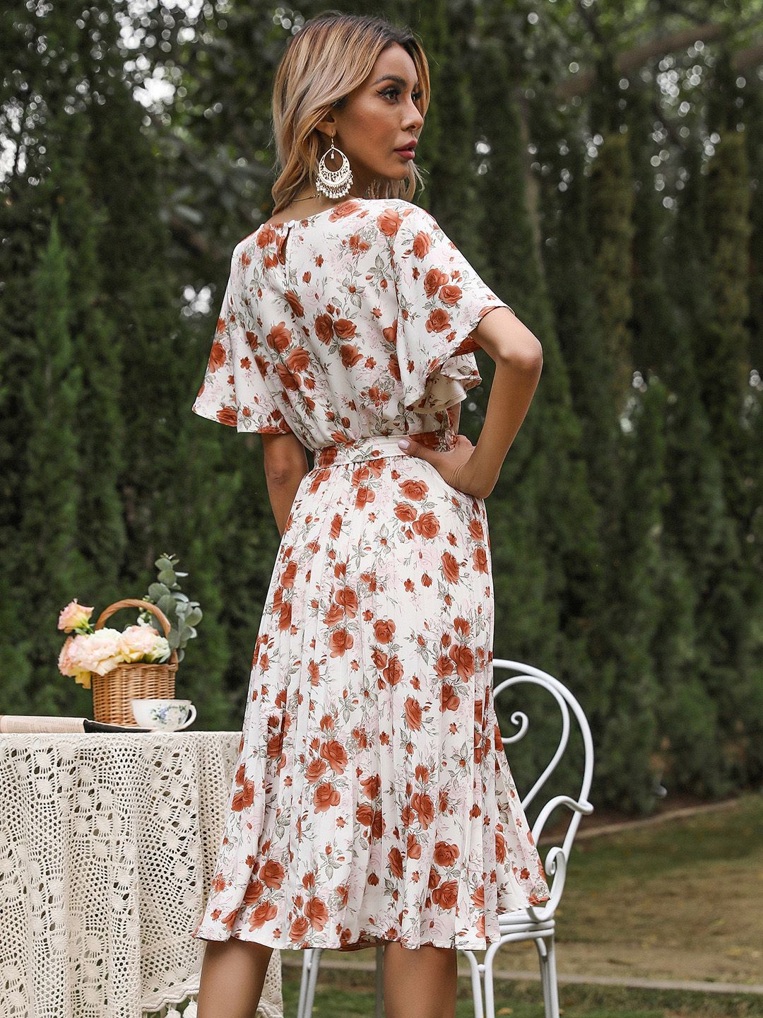 DressBerry Floral Print Belted A-Line Midi Dress