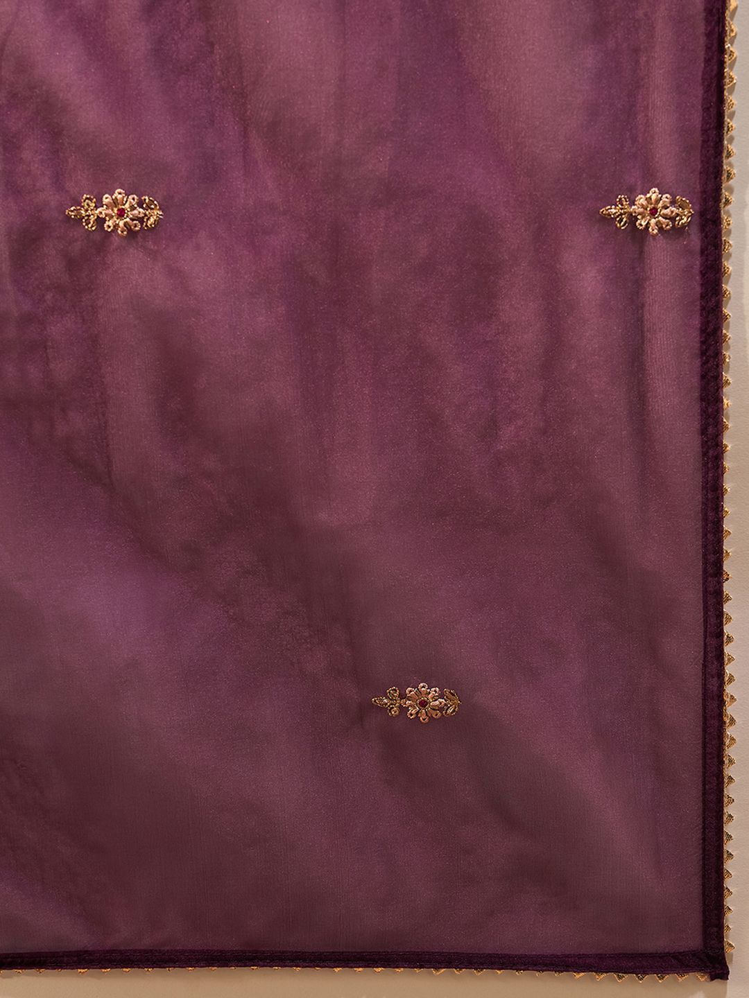 Indo Era Burgundy Floral Embroidered Straight Kurta with Trousers & Dupatta