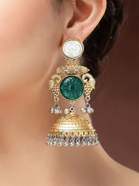 KARATCART Gold-Plated Dome Shaped Bird Motif Kundan Studded & Beaded Jhumkas