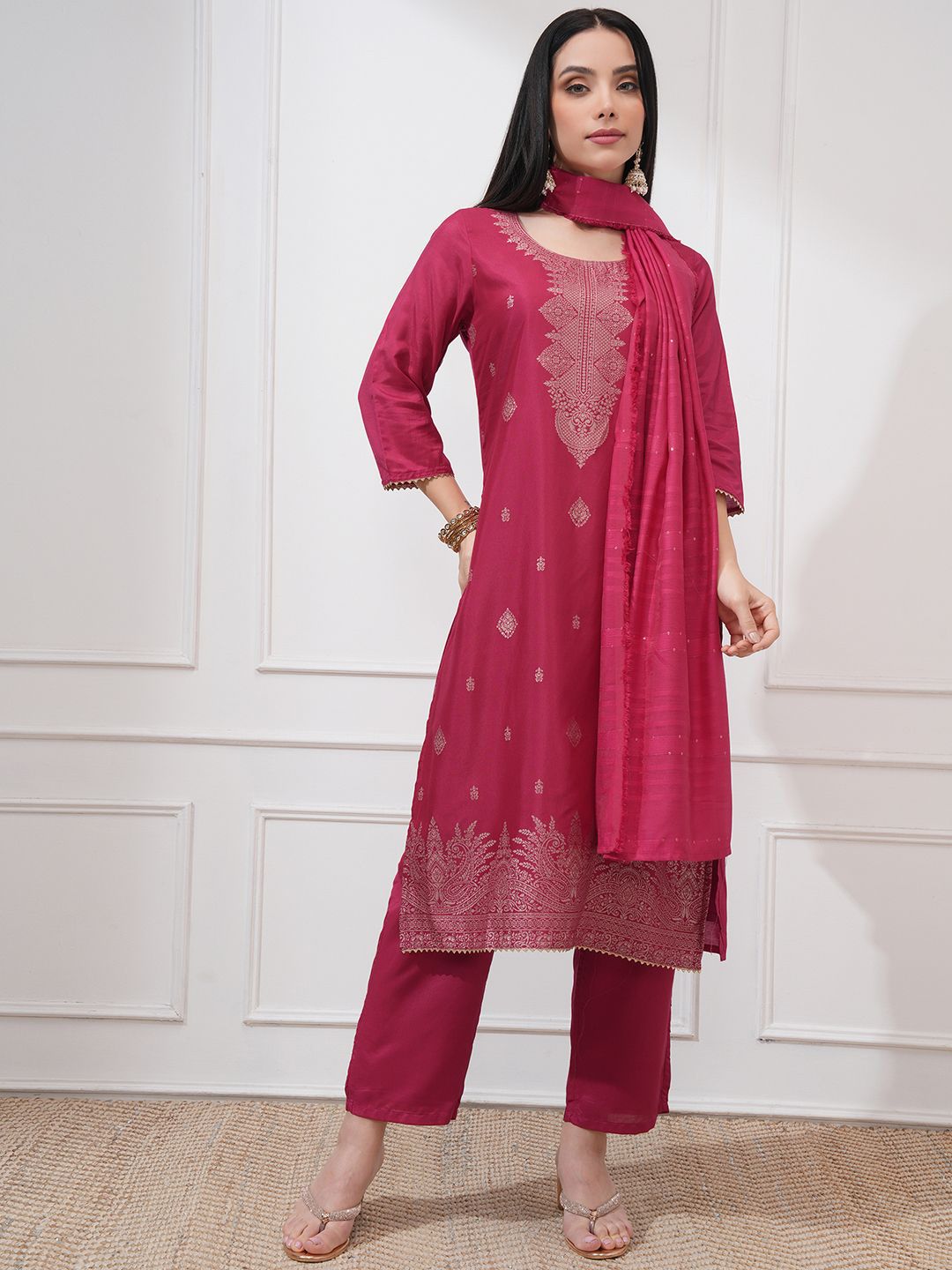 Vishudh Ethnic Woven Design Jacquard Straight Kurta With Trouser And Dupatta