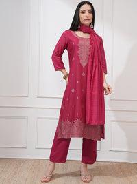 Vishudh Ethnic Woven Design Jacquard Straight Kurta With Trouser And Dupatta