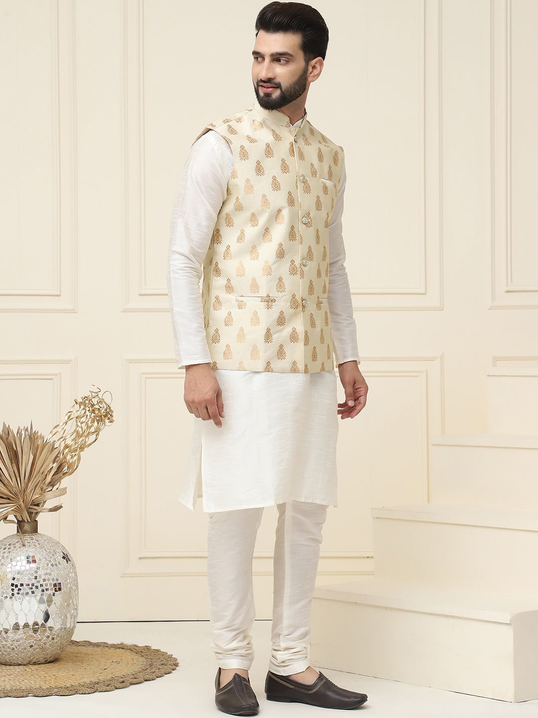 SOJANYA Mandarin Collar Silk Cotton Straight Kurta with Churidar & Nehru jacket