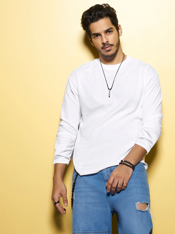 Bewakoof Men White Solid Full Sleeve T-shirt