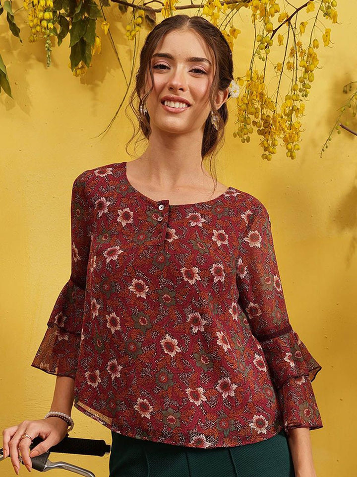 QUIERO Women Floral Printed Bell Sleeves A-Line Top