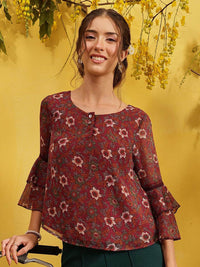 QUIERO Women Floral Printed Bell Sleeves A-Line Top