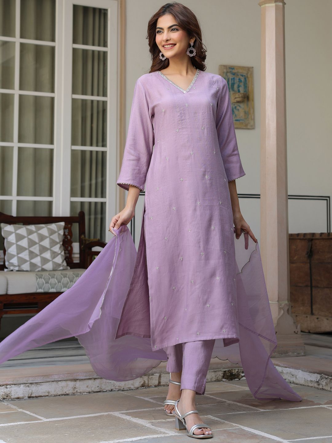 Janasya Women's Lavender Chinon Embellished Kurta with Pant and Dupatta