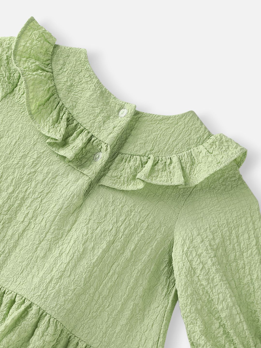 Nauti Nati Girls Green Cotton Crepe Dress with Floral Brooch