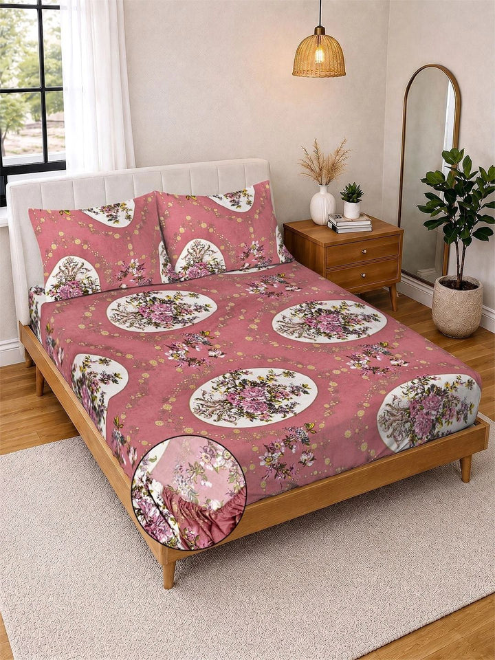 Myntra Elegant Homes Rust & Pink Floral 300 TC Cadar Katil King dengan 2 Sarung Bantal