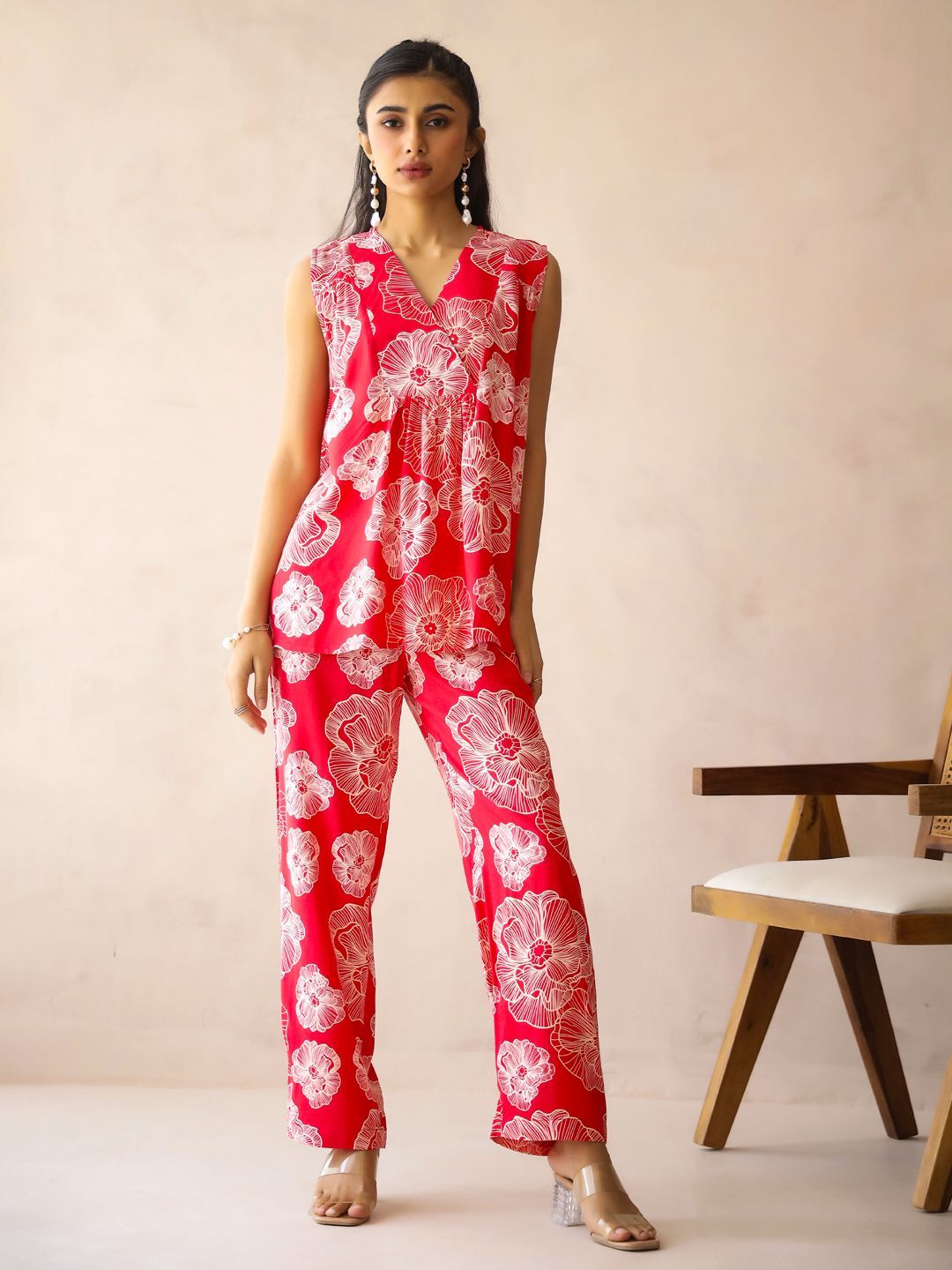SANSKRUTIHOMES Printed V Neck Tunic With Trousers Co-Ords Set