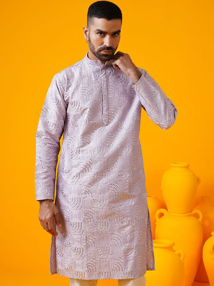 SOJANYA LUXE Geometrik Sulam Kolar Mandarin Benang Kerja Kurta Lurus