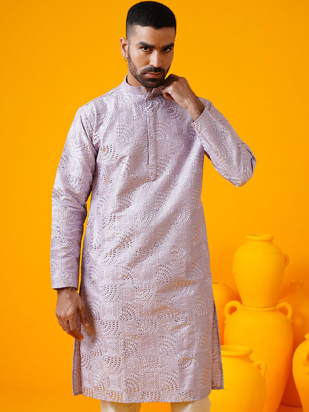 SOJANYA LUXE Geometrik Sulam Kolar Mandarin Benang Kerja Kurta Lurus